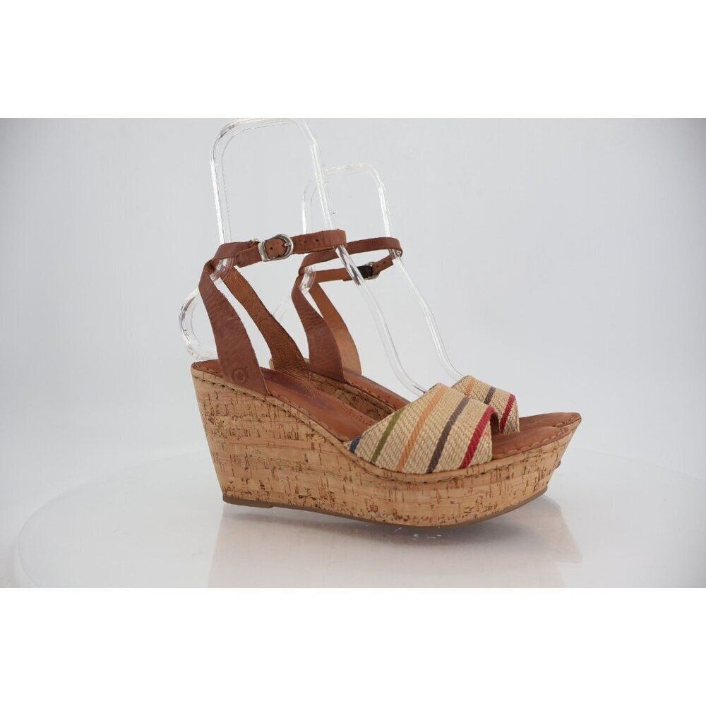 Born Women's Wapita Sandal Size 10 Cork Wedge Platform Ankle Wrap Striped Boho